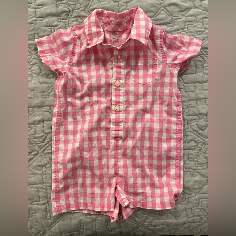 Pink and white gingham romper from Primary